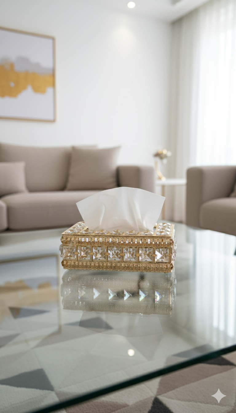 Luxury Crystal Tissue Box – Gold Metal Decorative Tissue Holder