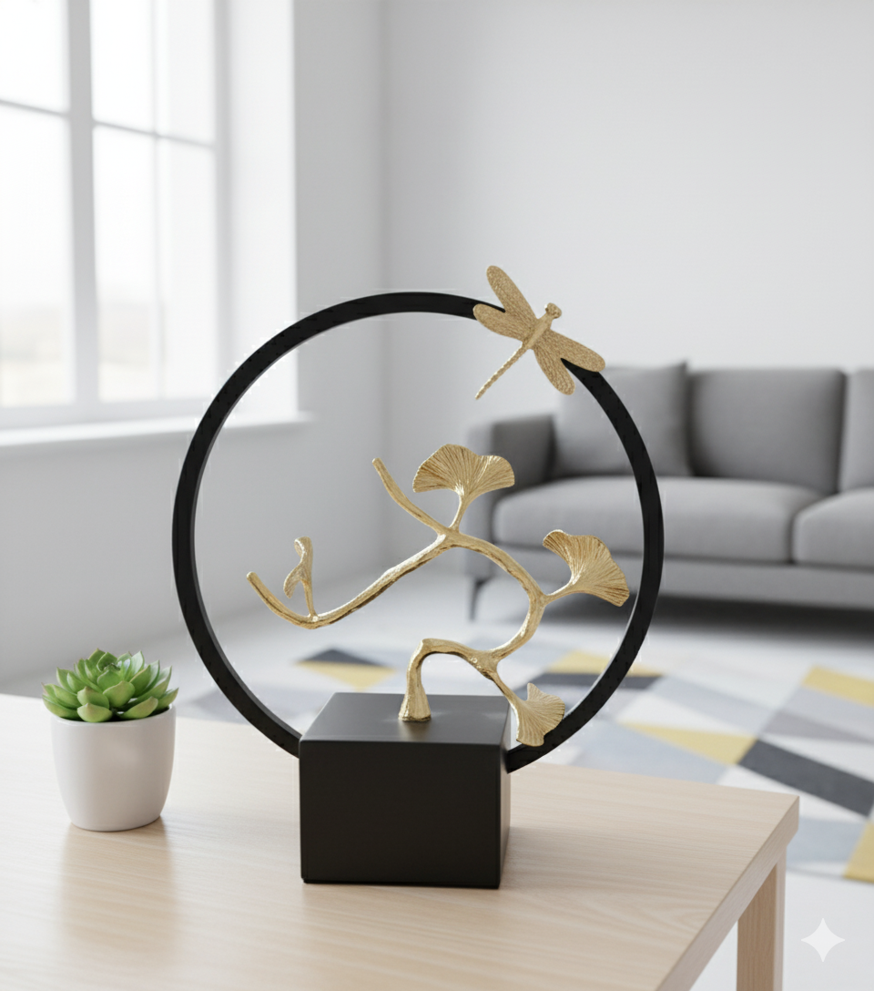 Golden Dragonfly & Ginkgo Leaf Tabletop Sculpture – Modern Luxury Home Decor