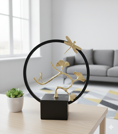 Golden Dragonfly & Ginkgo Leaf Tabletop Sculpture – Modern Luxury Home Decor