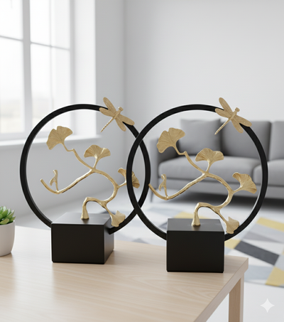 Golden Dragonfly & Ginkgo Leaf Tabletop Sculpture – Modern Luxury Home Decor