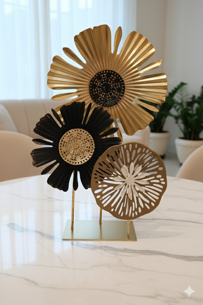 Black & White Floral Metal Table Décor – 13 x 9 Inches