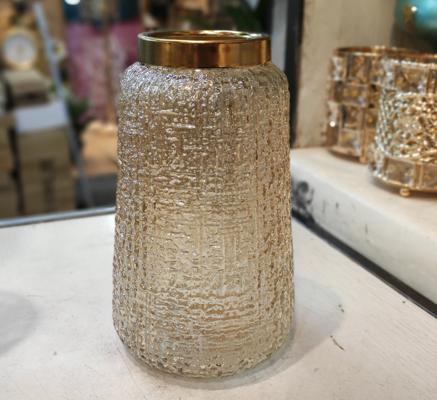 Luxury Textured Glass Vase with Gold Lid – Elegant Home Décor Accent
