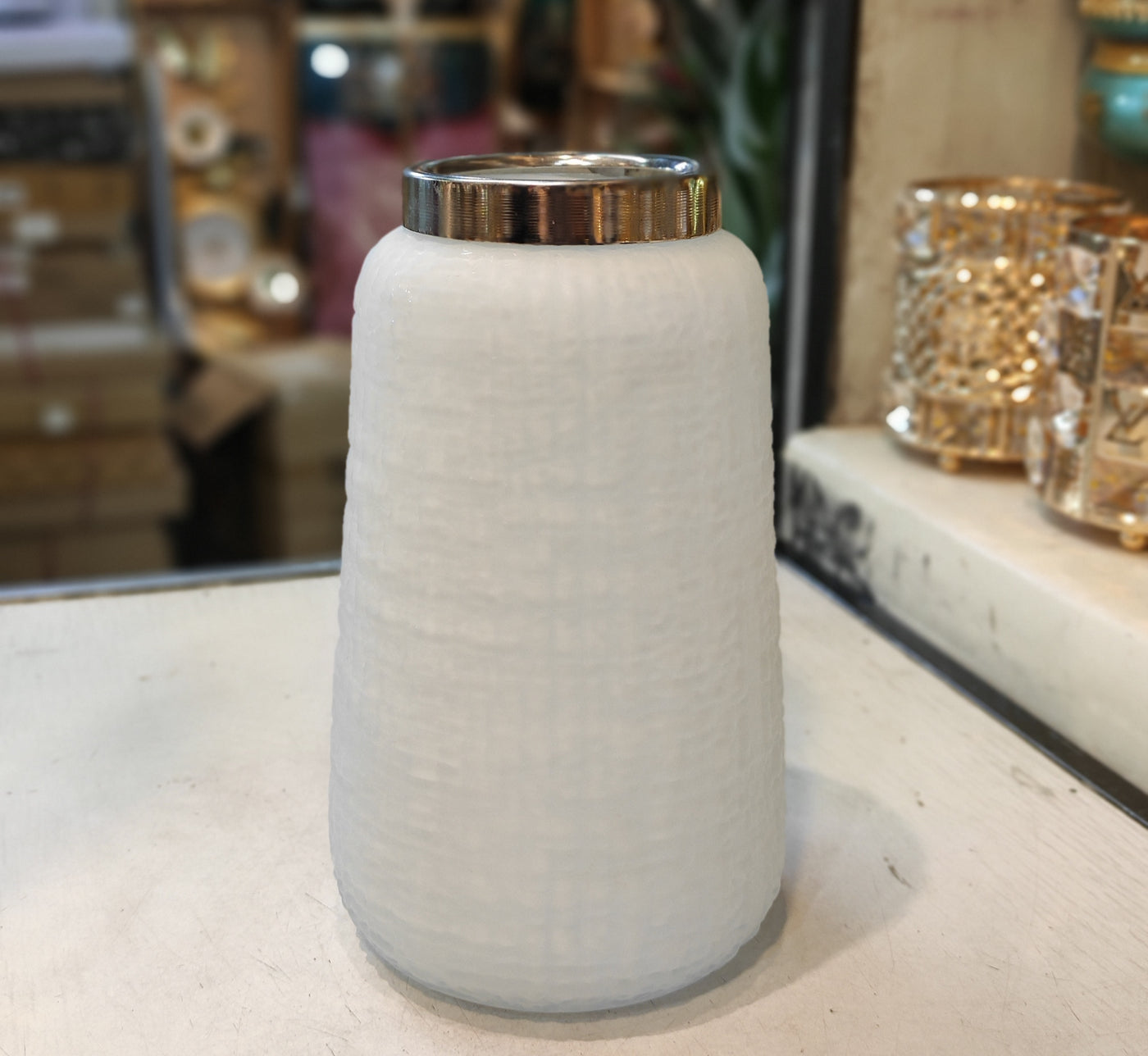 Luxury Textured Glass Vase with Gold Lid – Elegant Home Décor Accent