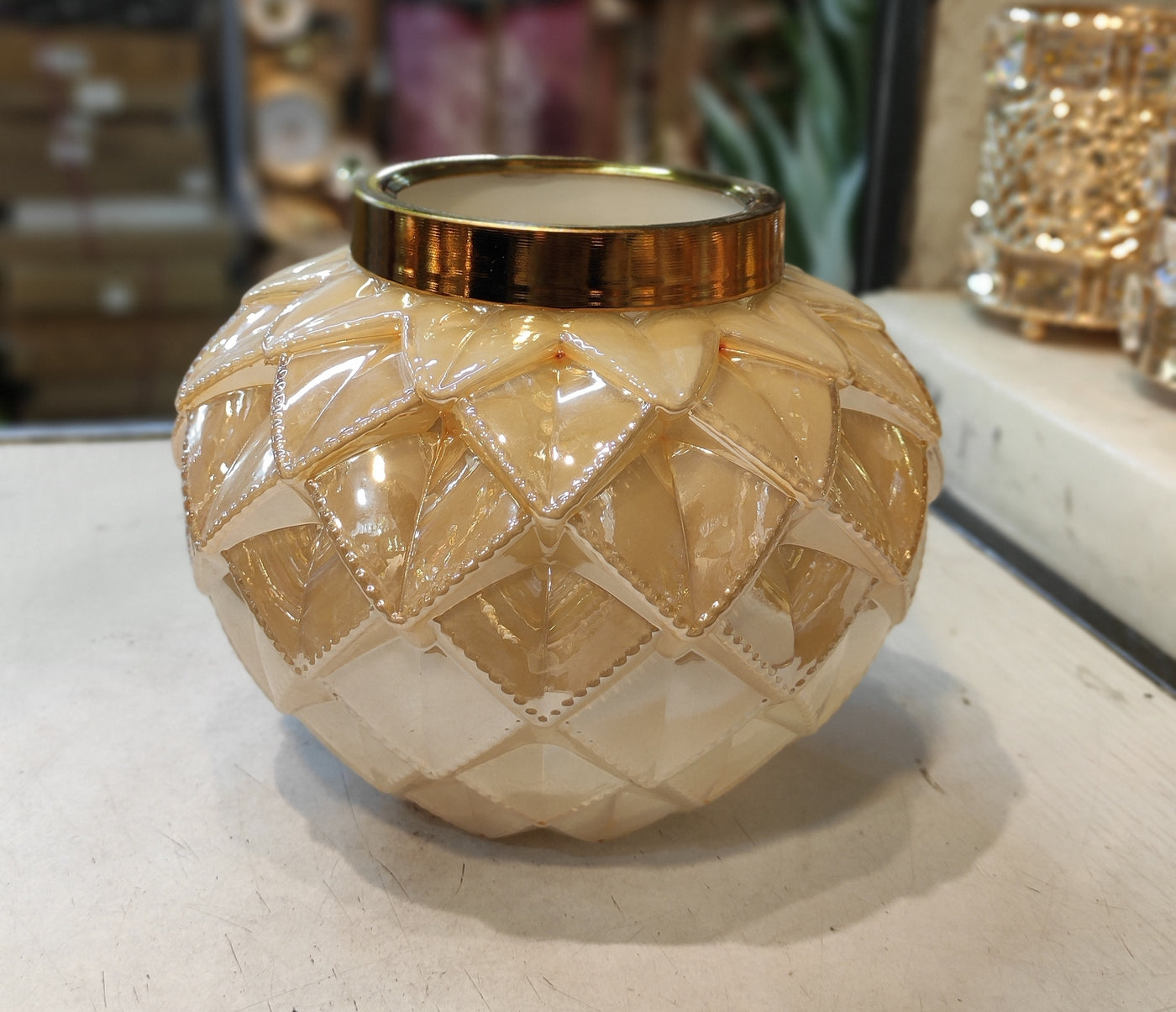 Luxury Textured Glass Vase with Gold Lid – Elegant Home Décor Accent