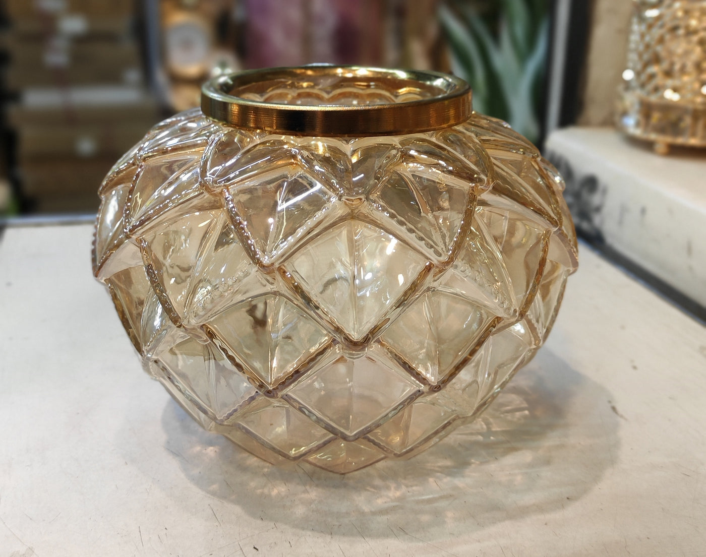 Luxury Textured Glass Vase with Gold Lid – Elegant Home Décor Accent