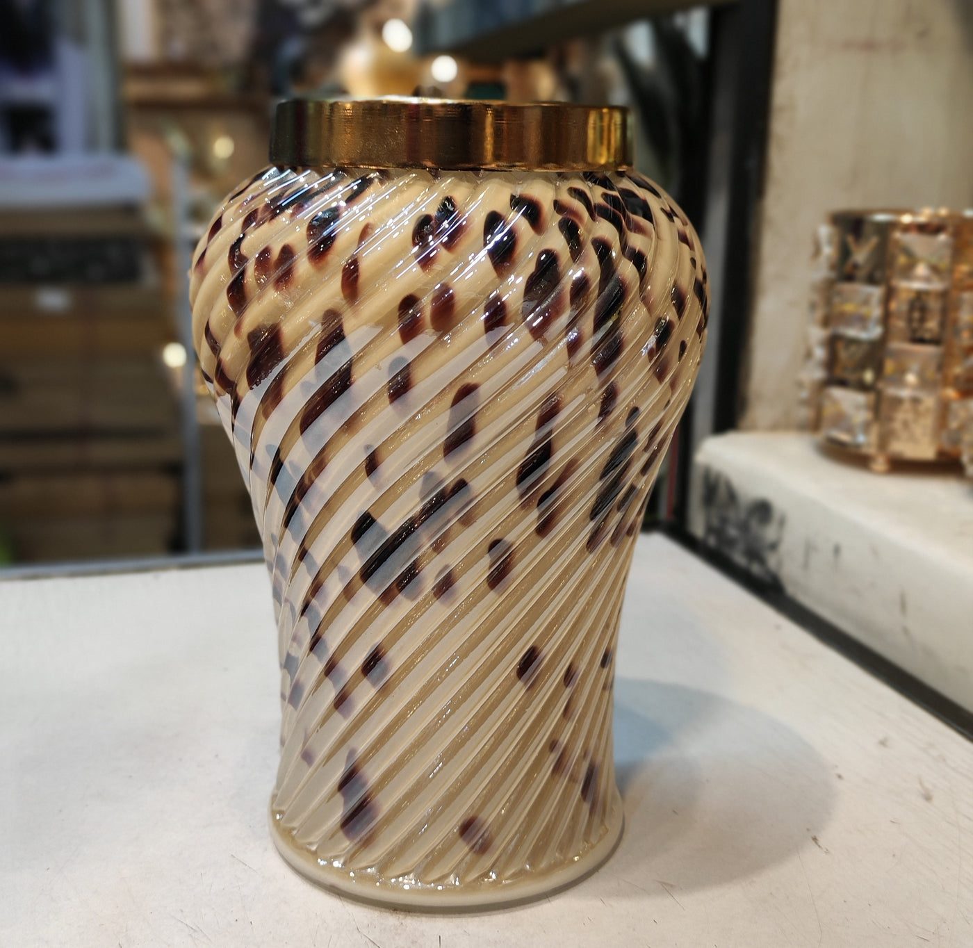 Luxury Textured Glass Vase with Gold Lid – Elegant Home Décor Accent