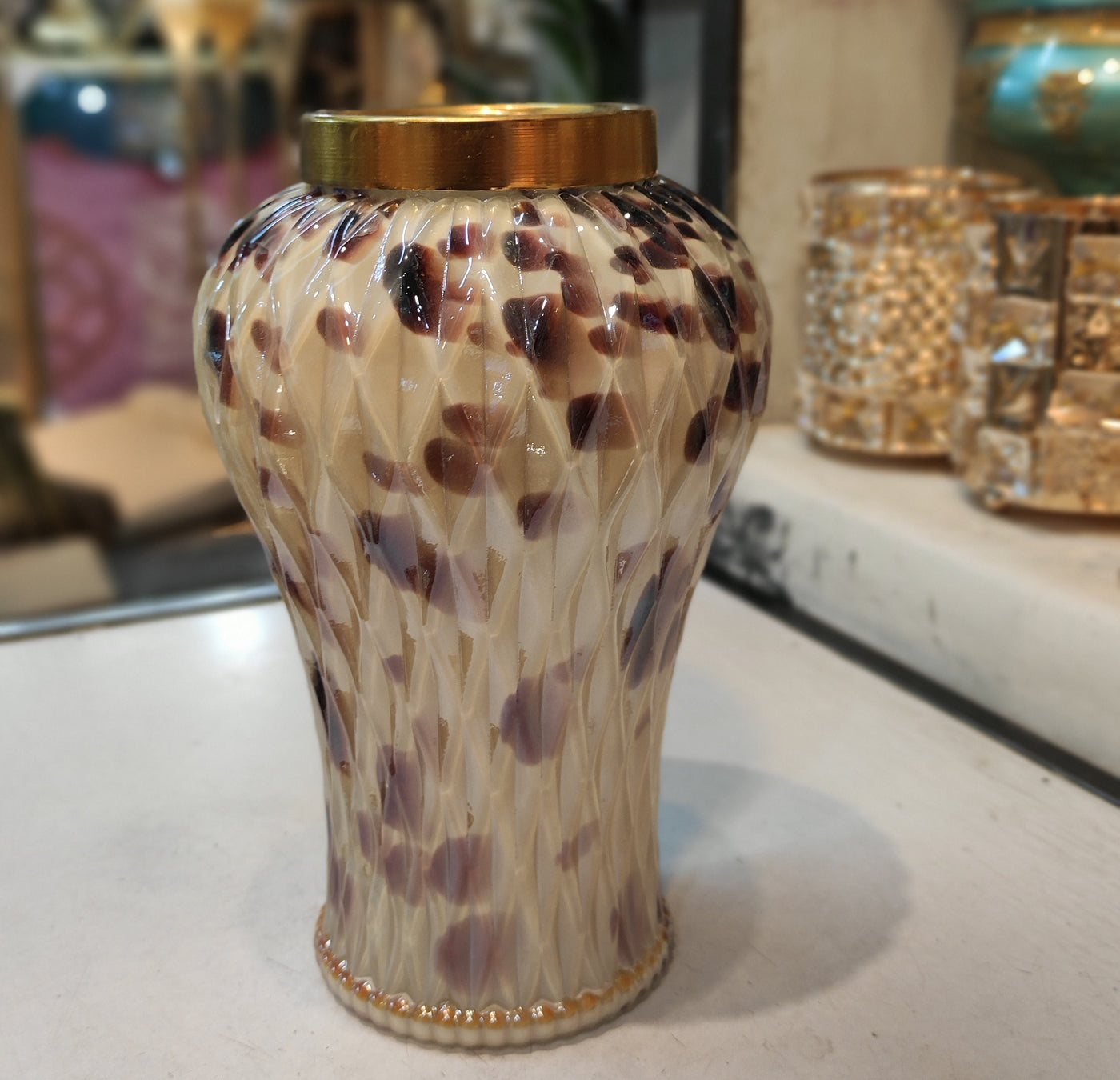 Luxury Textured Glass Vase with Gold Lid – Elegant Home Décor Accent