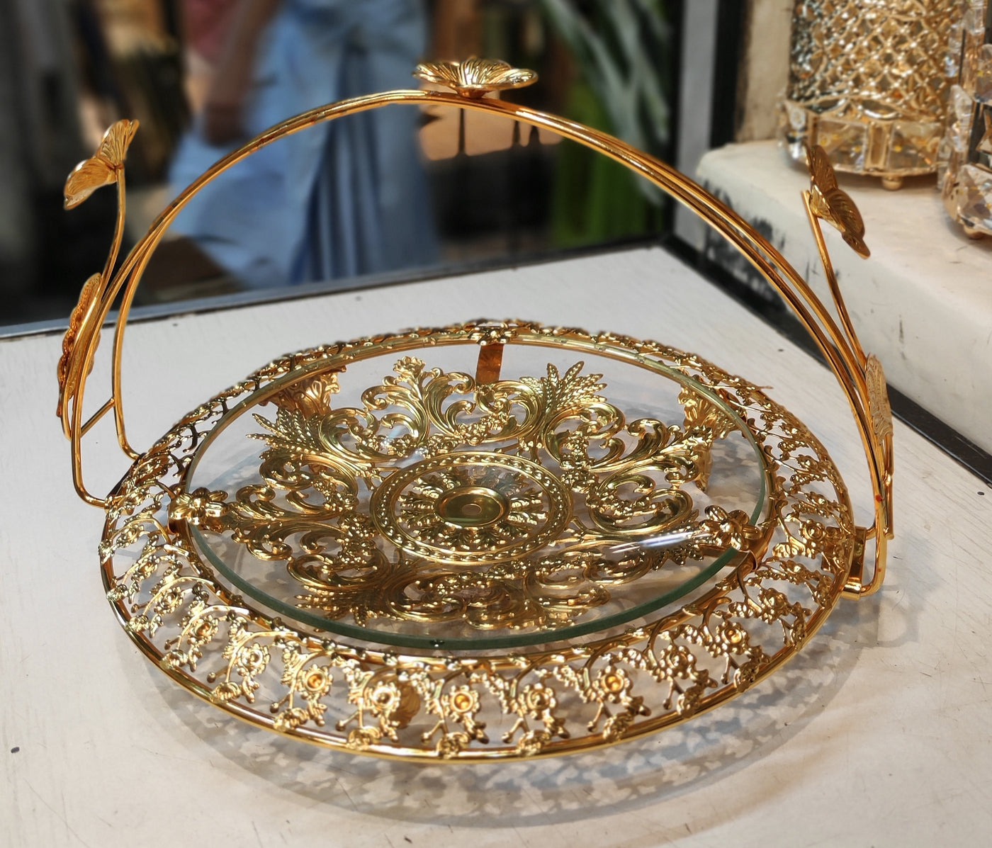 Elegant Double Jar Decorative Storage Container – Golden Finish with Flower Stand