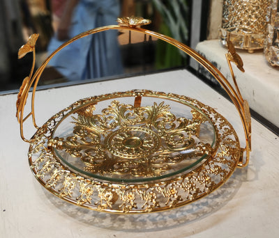 Elegant Double Jar Decorative Storage Container – Golden Finish with Flower Stand