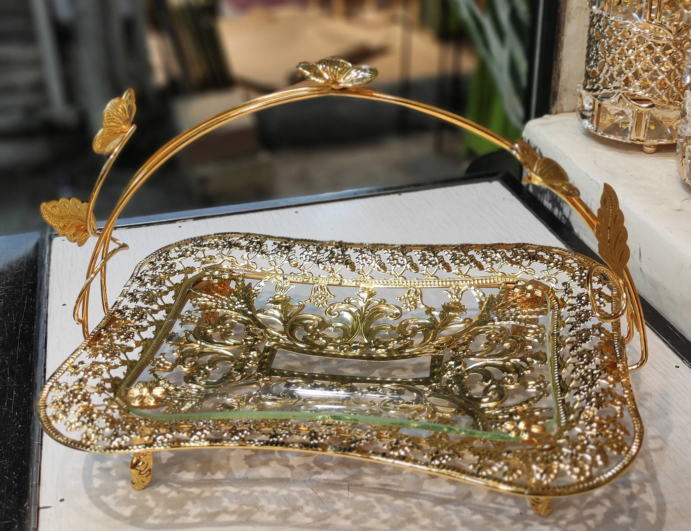 Elegant Double Jar Decorative Storage Container – Golden Finish with Flower Stand