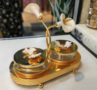 Elegant Double Jar Decorative Storage Container – Golden Finish with Flower Stand
