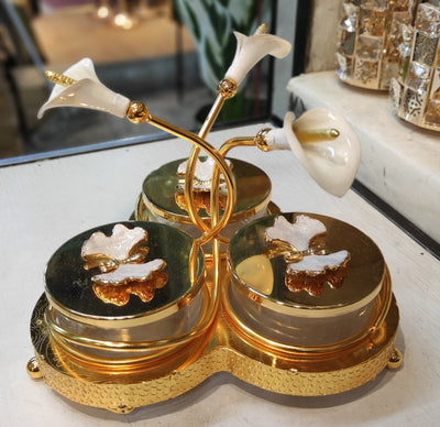 Elegant Double Jar Decorative Storage Container – Golden Finish with Flower Stand