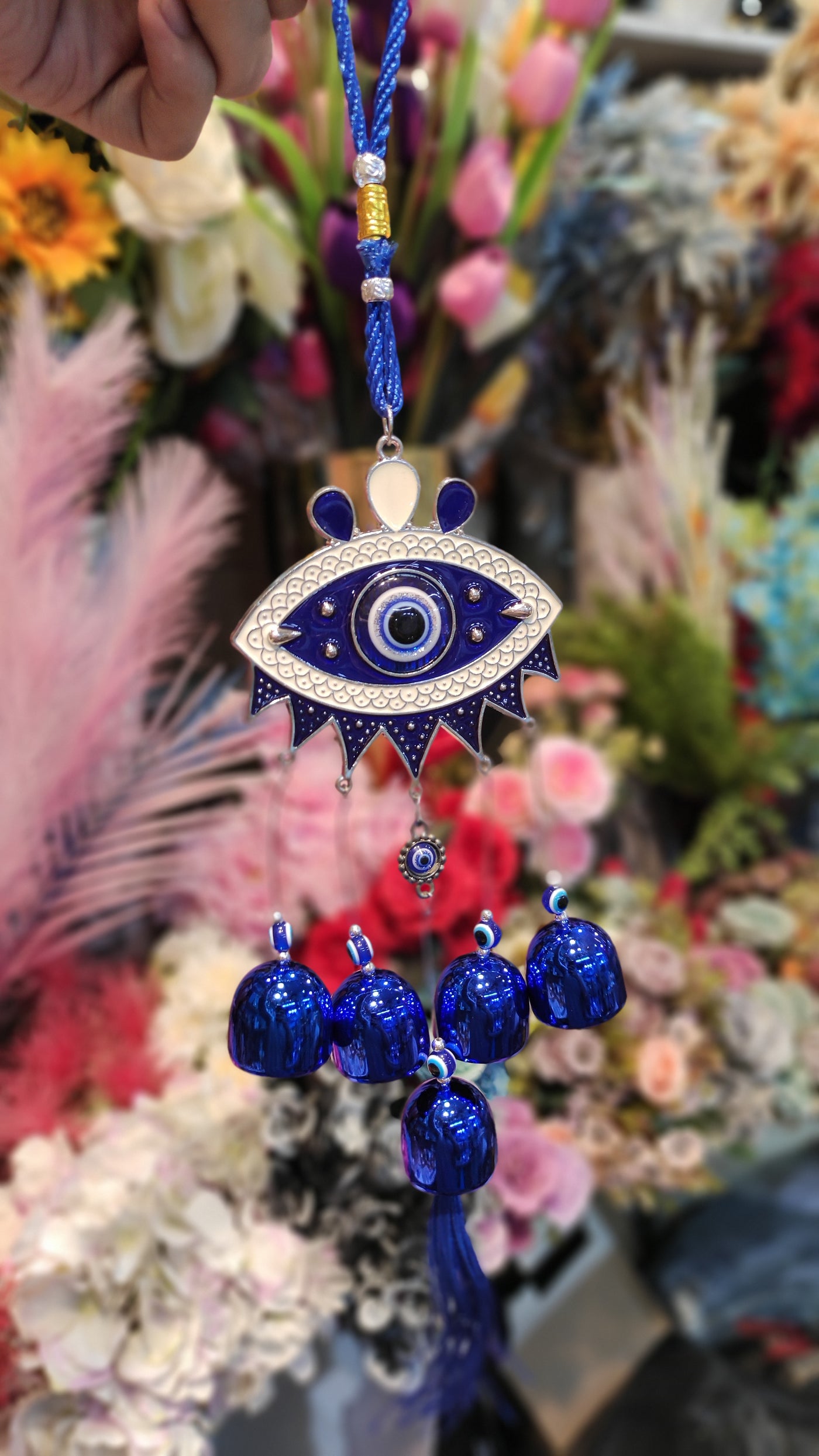 Decorative Evil Eye Hanging with Elephant & Blue Bells – Protection & Home Décor