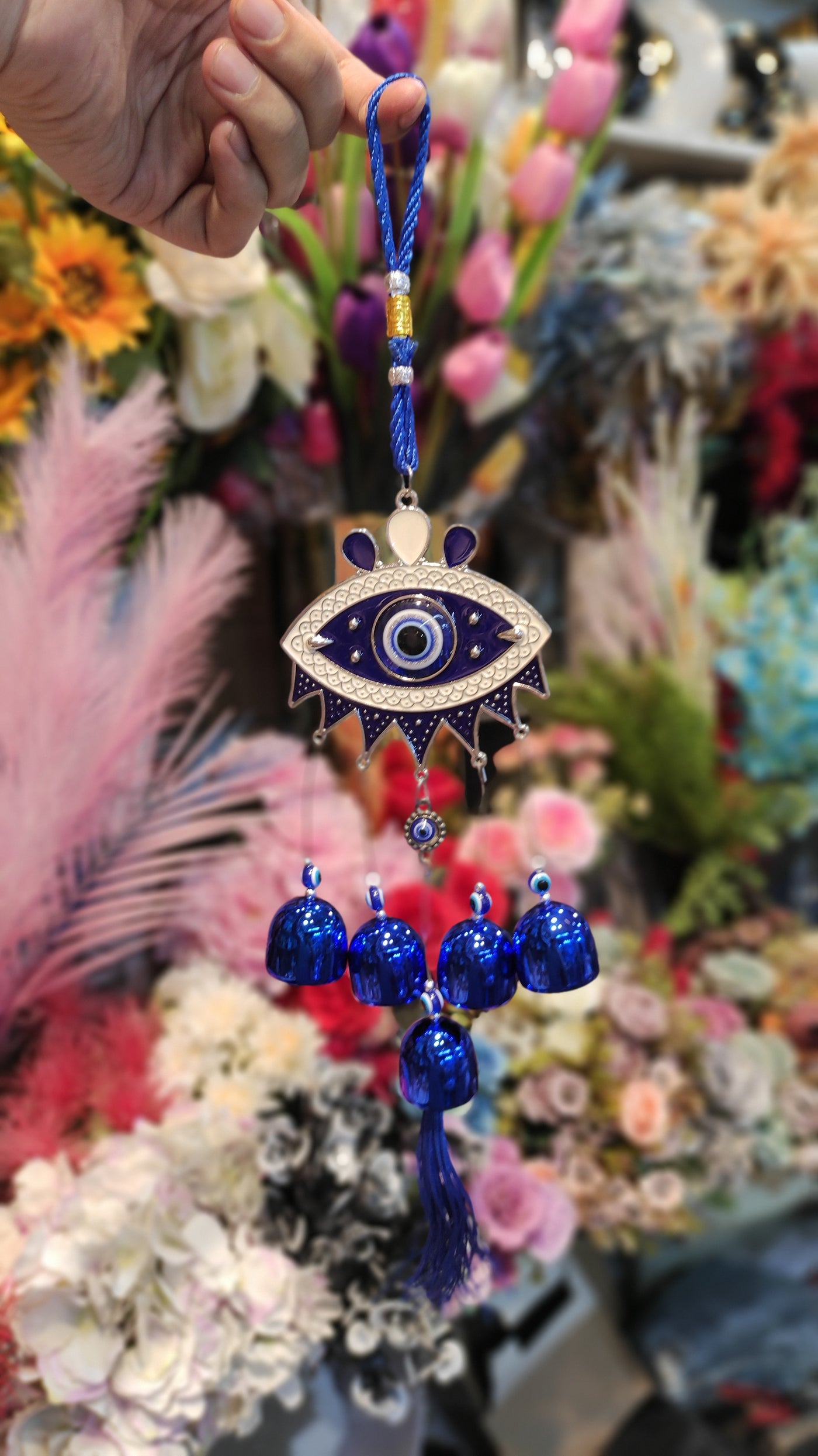 Decorative Evil Eye Hanging with Elephant & Blue Bells – Protection & Home Décor