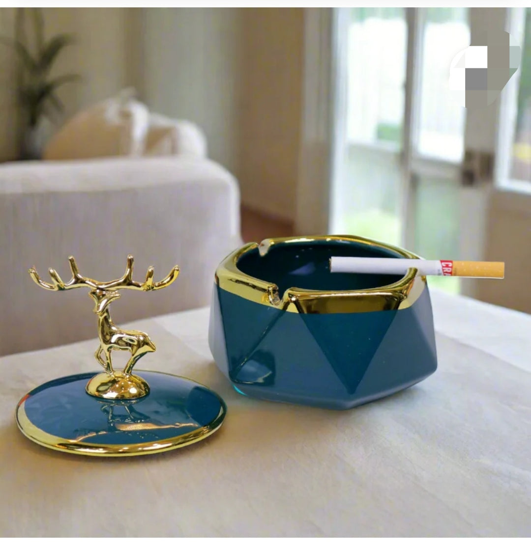 Luxury Ceramic Ashtray with Golden Deer Lid – Modern Decorative Piece