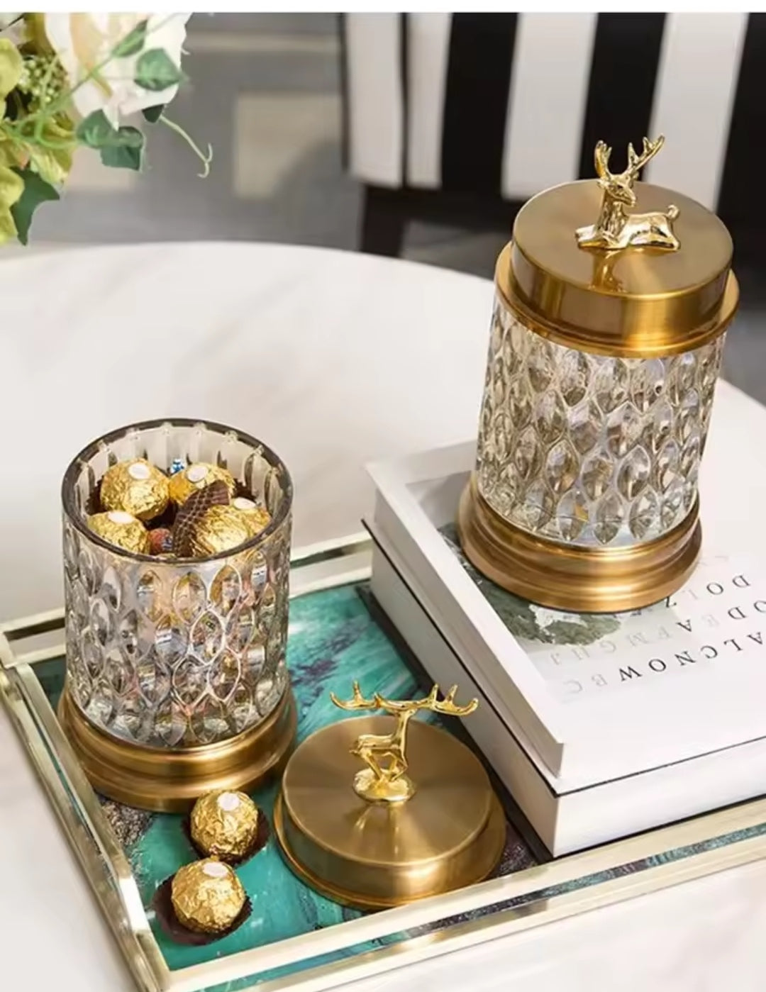 Luxury Glass & Brass Decorative Jar with Golden Reindeer Lid