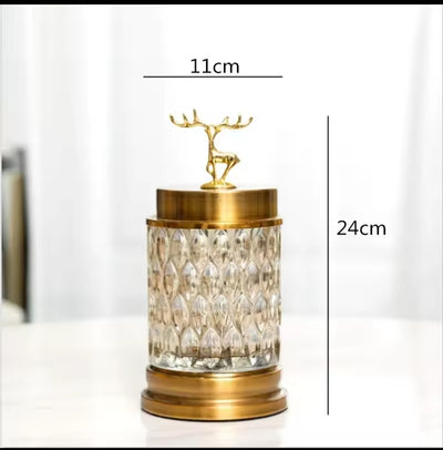 Luxury Glass & Brass Decorative Jar with Golden Reindeer Lid