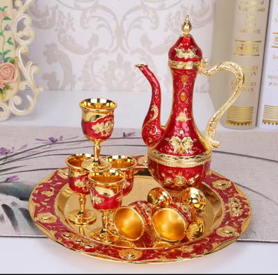 Luxury Red & Gold Arabic Style Tea Set – Decorative Metal Kettle with 6 Cups & Tray