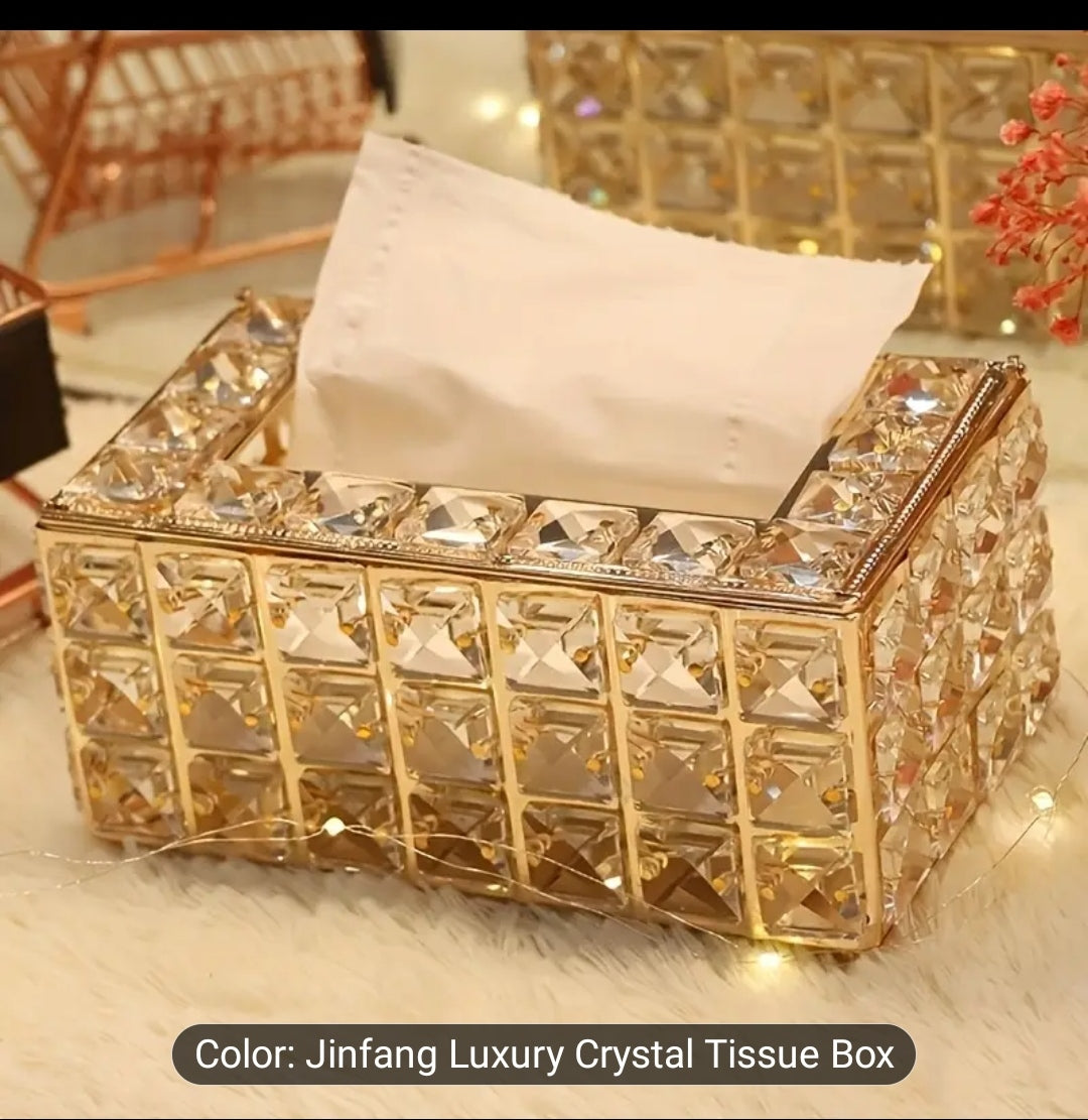 Luxury Crystal Tissue Box – Gold Metal Decorative Tissue Holder