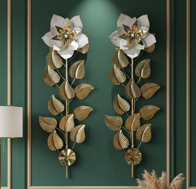 Luxury Metal Flower & Leaf Wall Art – Golden Decorative Wall Hanging