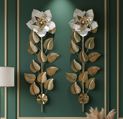 Luxury Metal Flower & Leaf Wall Art – Golden Decorative Wall Hanging
