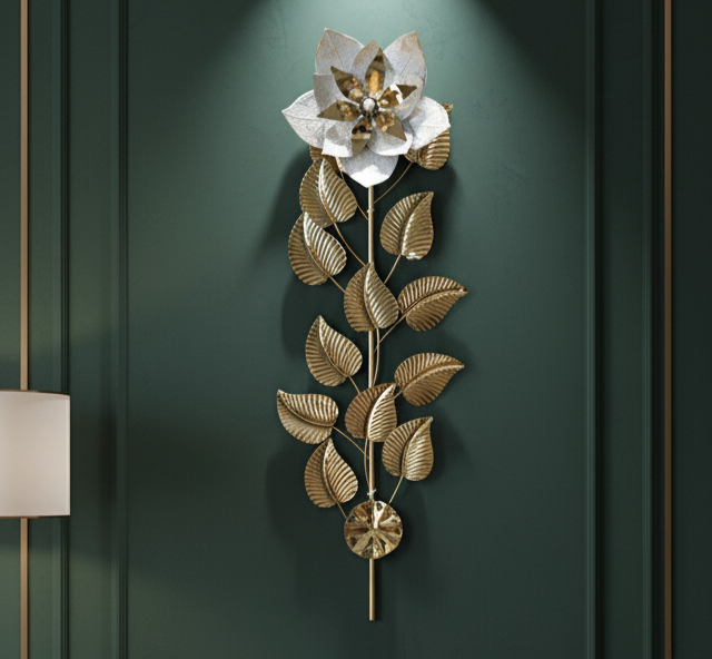 Luxury Metal Flower & Leaf Wall Art – Golden Decorative Wall Hanging