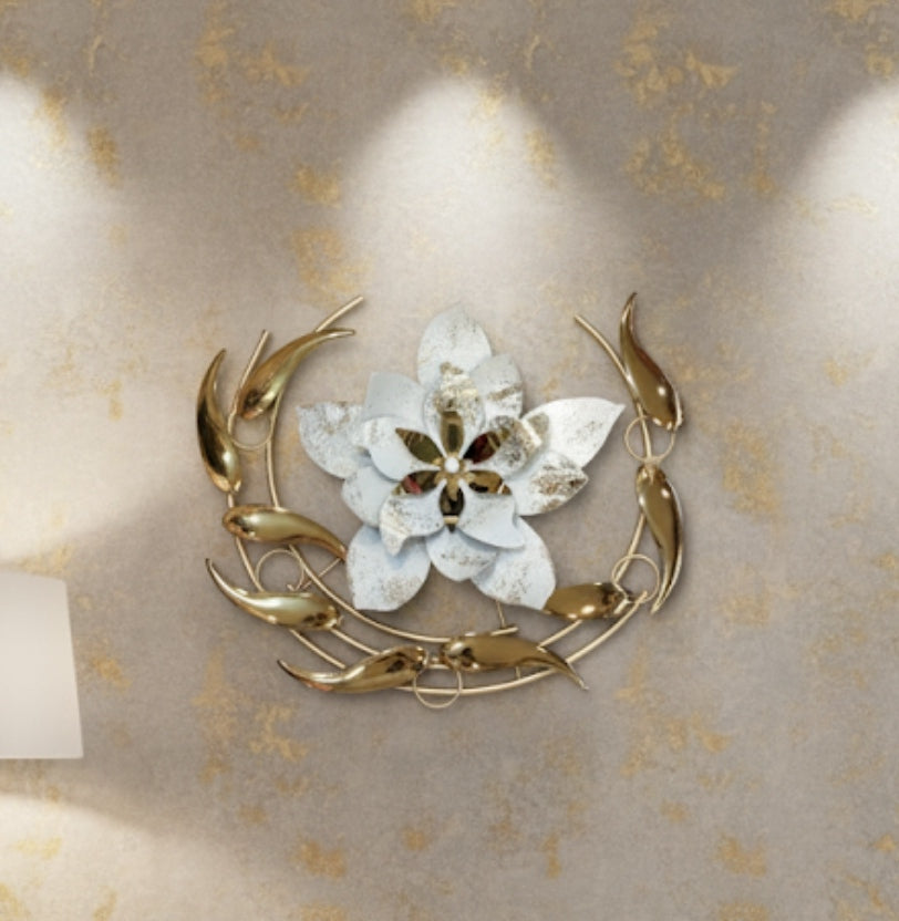 Luxury Metal Wall Art – Gold & White Floral Design | Modern Wall Décor for Living Room, Bedroom & Hallway