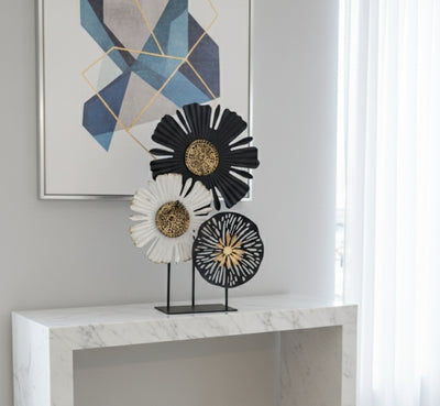 Black & White Floral Metal Table Décor – 13 x 9 Inches