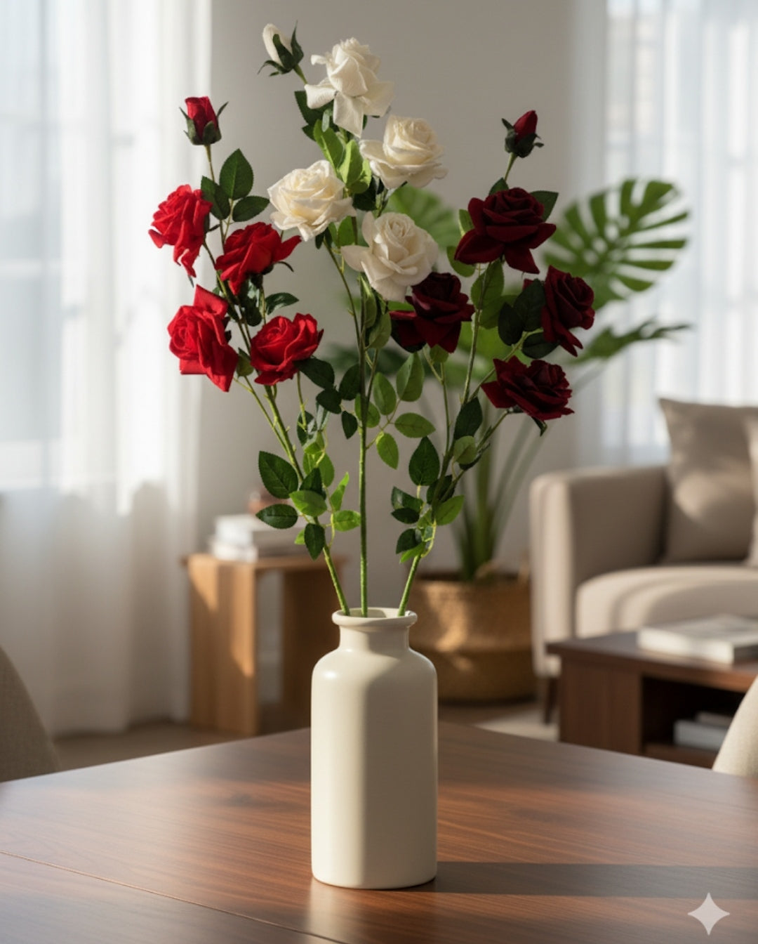 Realistic Artificial velvet Rose Flower Sticks (Red, Maroon & White) for Home & Vase Decor