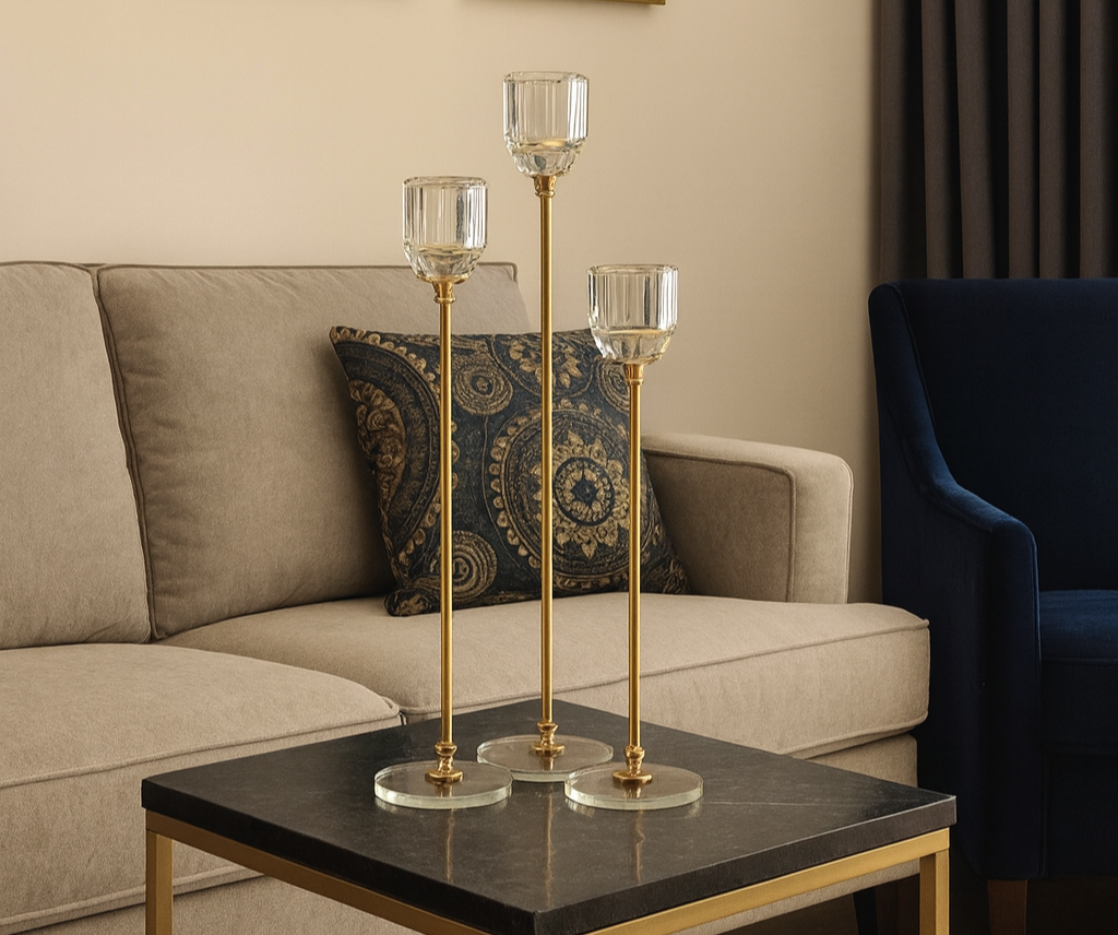 Luxury Gold & Glass Candle Holder Set – 3 Sizes (13", 11", 9") inches