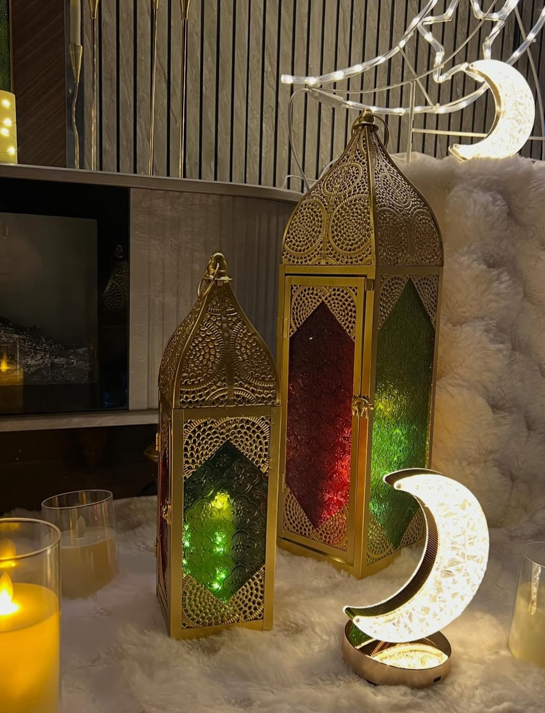 Brass Finish Metal Lantern/Lamp Set - Decorative Table Top Set (Small & Large) 17 & 24 inches Haghit