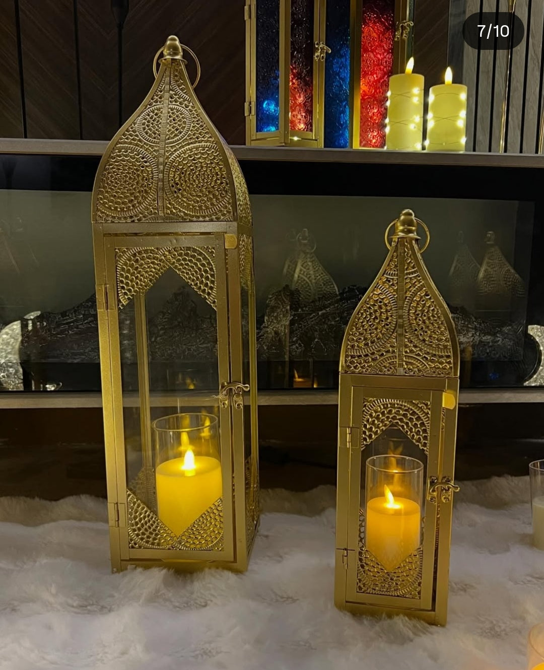 Brass Finish Metal Lantern/Lamp Set - Decorative Table Top Set (Small & Large) 17 & 24 inches Haghit