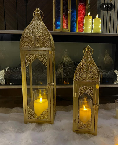 Brass Finish Metal Lantern/Lamp Set - Decorative Table Top Set (Small & Large) 17 & 24 inches Haghit