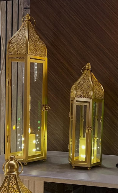 Brass Finish Metal Lantern/Lamp Set - Decorative Table Top Set (Small & Large) 17 & 24 inches Haghit