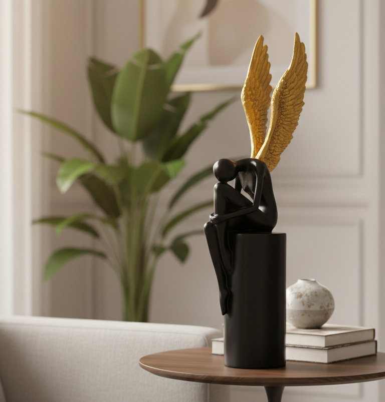 Black Angel Sitting Sculpture – Golden Wings | Modern Home Decor Showpiece