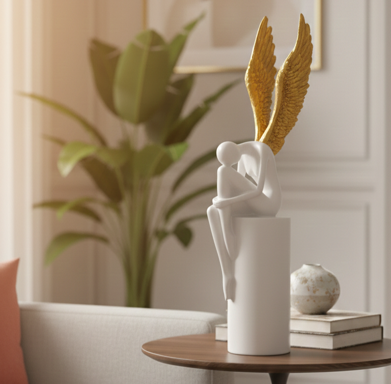Black Angel Sitting Sculpture – Golden Wings | Modern Home Decor Showpiece