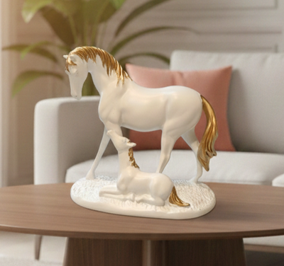 Elegant Mother & Baby Horse Showpiece – Premium Ceramic Decoration (Golden Accents)