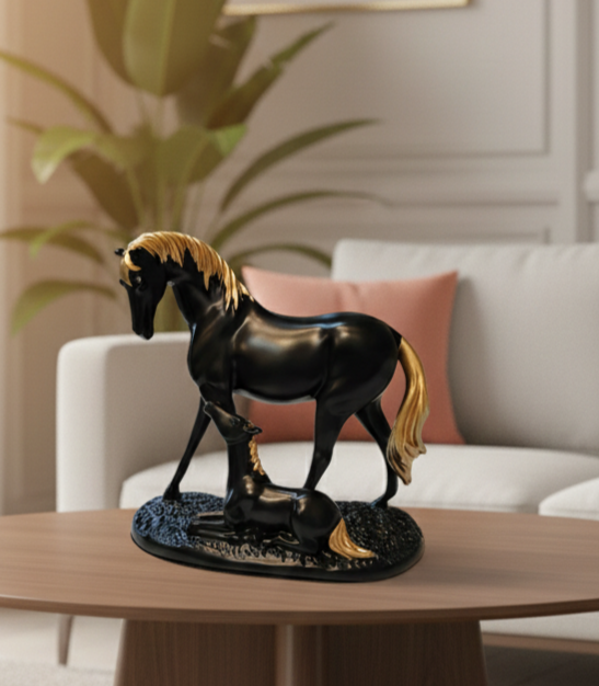Elegant Mother & Baby Horse Showpiece – Premium Ceramic Decoration (Golden Accents)
