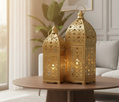 Premium Golden Metal Lantern Set – Decorative Candle Holder for Home & Ramadan Décor (Set of 2)