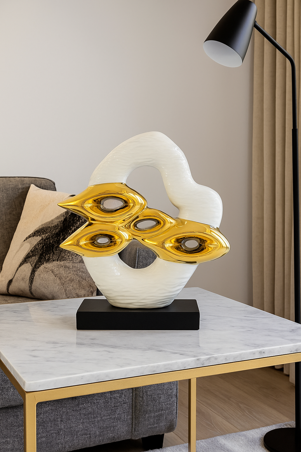 Modern Abstract Ceramic Sculpture – White & Gold Art Décor