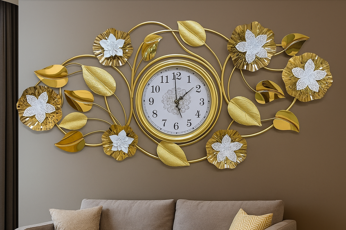 Premium Gold Metal Floral Wall Clock – Luxury Modern Home Decor ,size 20 by 40 inches