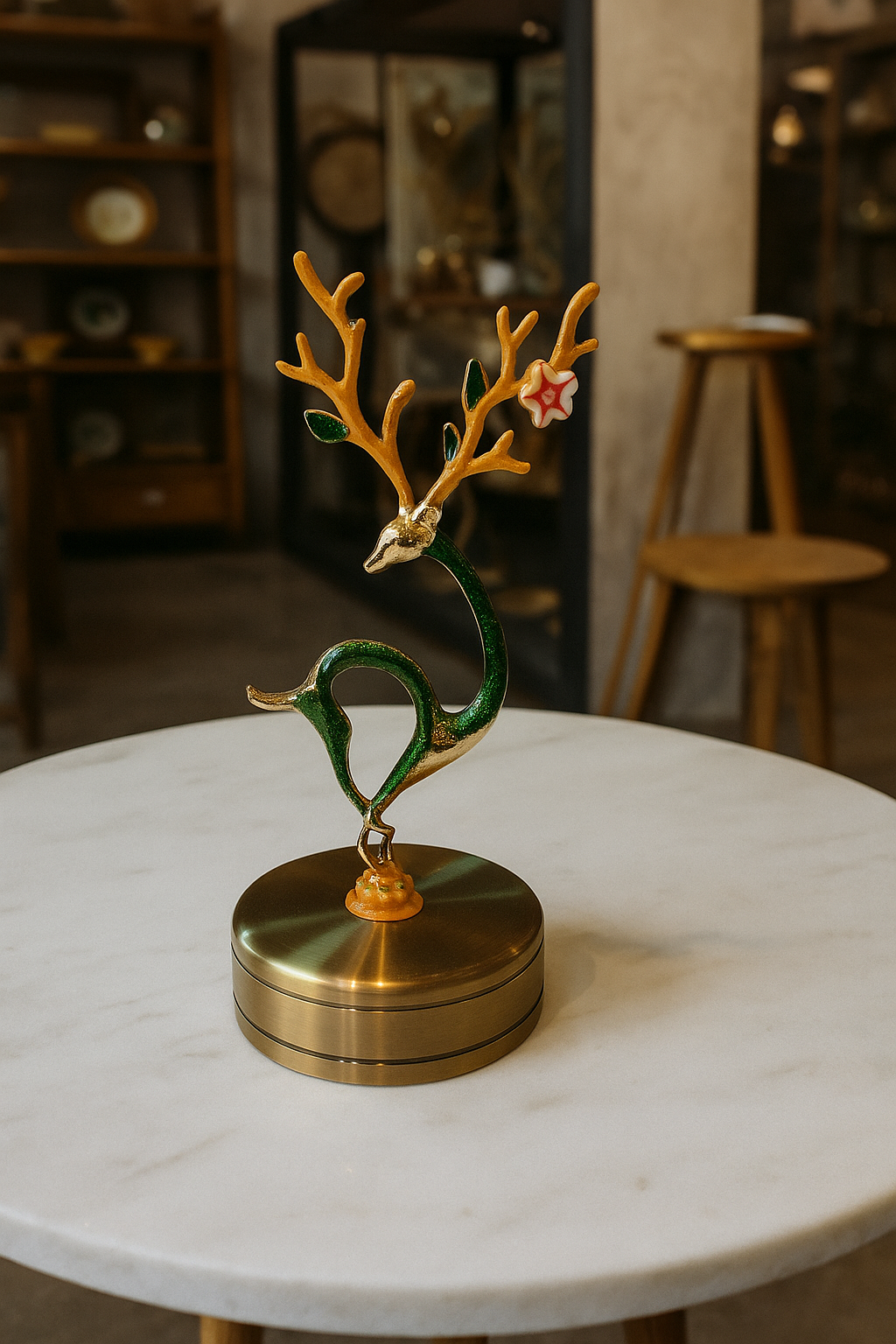 Golden Reindeer Decor Figurine – Green & Gold Floral Antler Design