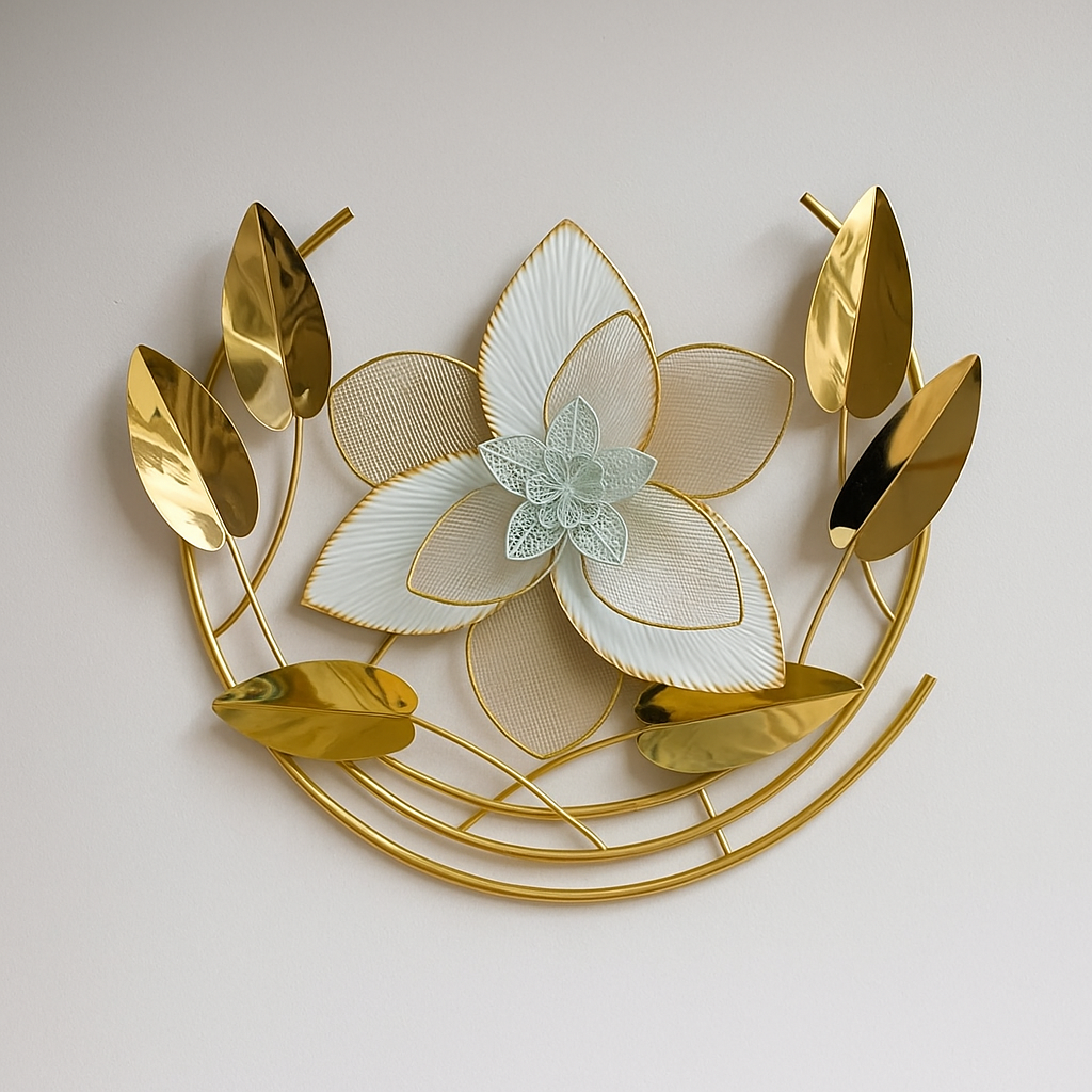 Luxury Metal Wall Art – Gold & White Floral Design | Modern Wall Décor for Living Room, Bedroom & Hallway