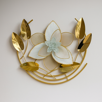 Luxury Metal Wall Art – Gold & White Floral Design | Modern Wall Décor for Living Room, Bedroom & Hallway
