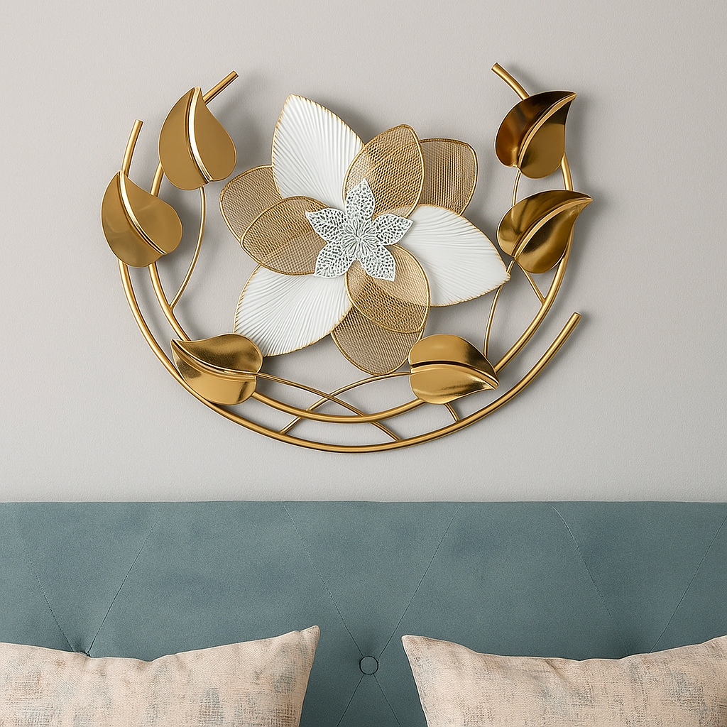 Luxury Metal Wall Art – Gold & White Floral Design | Modern Wall Décor for Living Room, Bedroom & Hallway