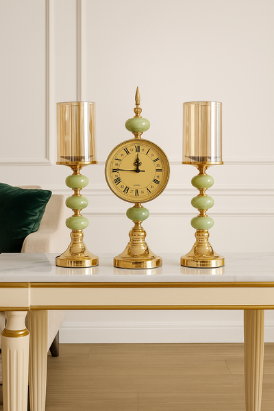 Luxury Golden & Jade Green Candle Holder Set with Center Clock – Elegant Home Décor Accent