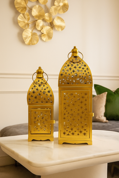 Premium Golden Metal Lantern Set – Decorative Candle Holder for Home & Ramadan Décor (Set of 2)