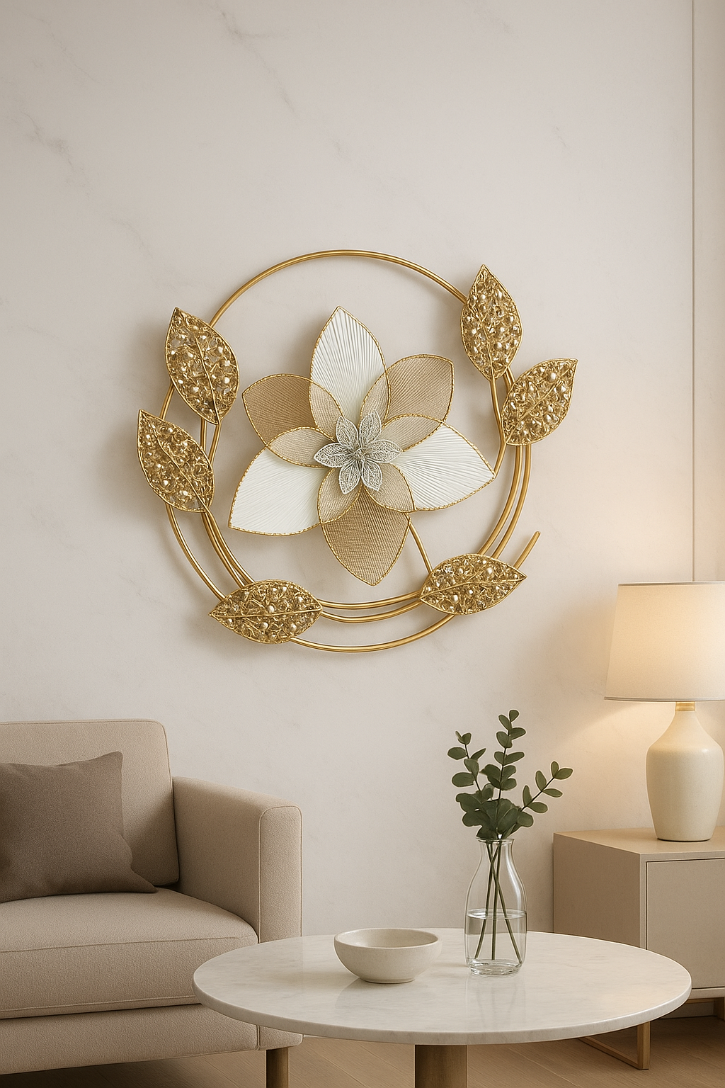 Luxury Metal Wall Art – Gold & White Floral Design | Modern Wall Décor for Living Room, Bedroom & Hallway
