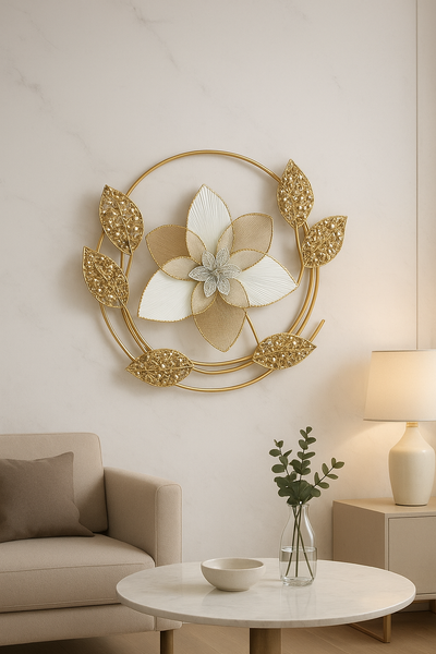 Luxury Metal Wall Art – Gold & White Floral Design | Modern Wall Décor for Living Room, Bedroom & Hallway