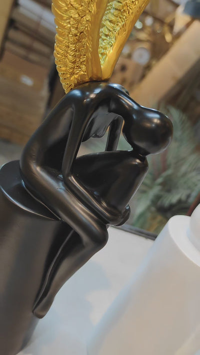 Black Angel Sitting Sculpture – Golden Wings | Modern Home Decor Showpiece